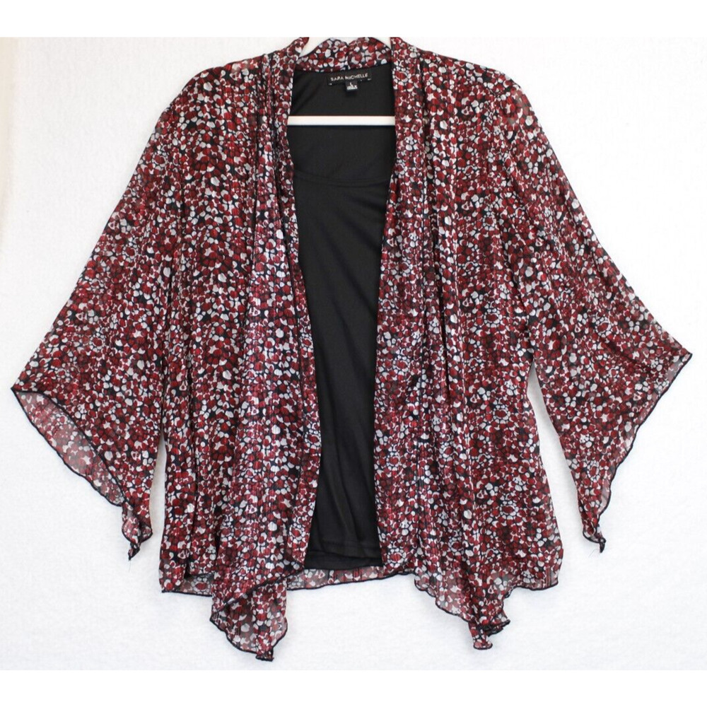 Sara Michelle Metallic Bell Sleeves Blouse Under Tank‎ Women L Boho Black Red